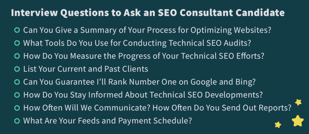 list of questions for interviewing a technical seo consultant candidate