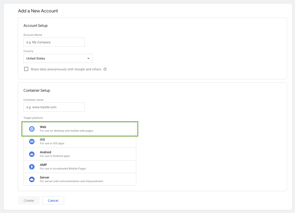 Web target platform for schema - Google Tag Manager