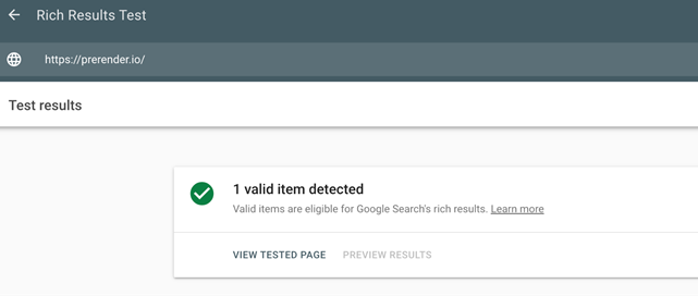 Alt txt: Google Rich Results Test showing one valid item detected for prerender.io