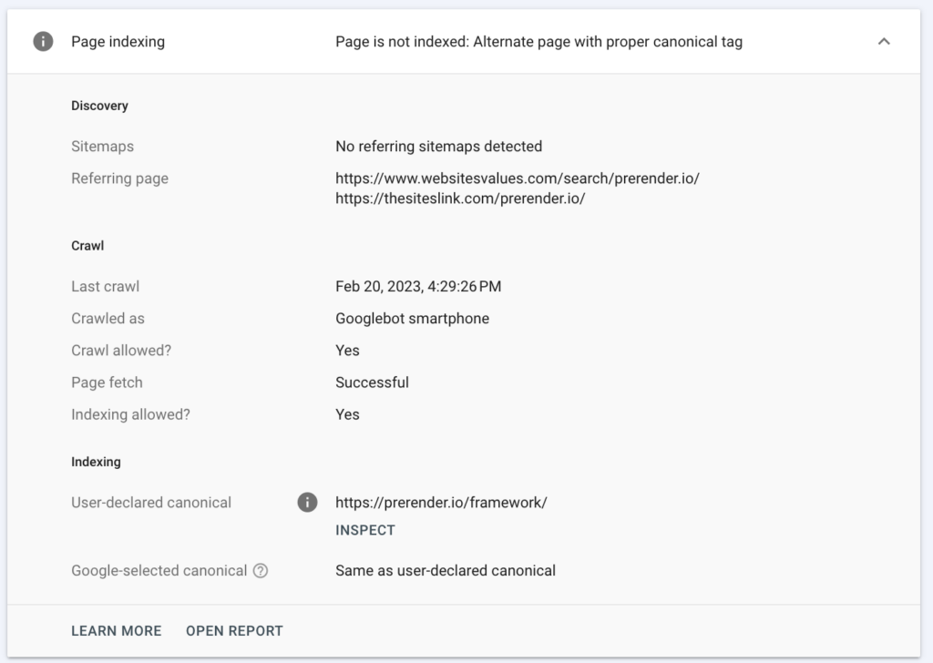 Confirmation the page isn't indexed