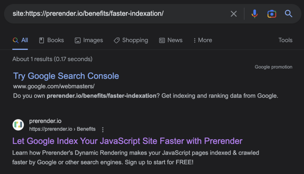 Example if the URL is indexed on Google
