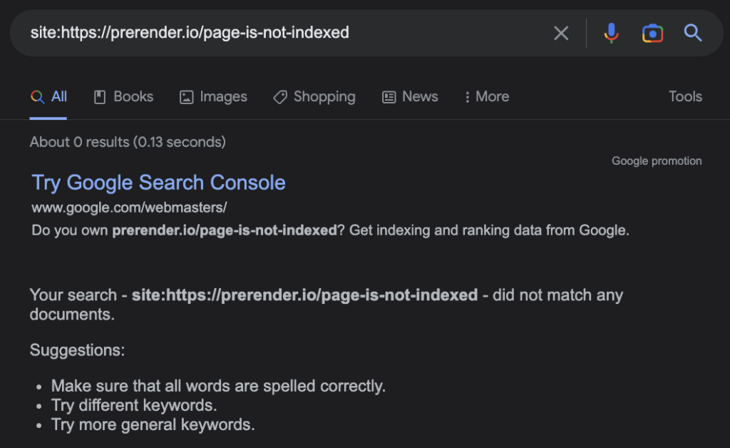Example if the URL isn't indexed on Google