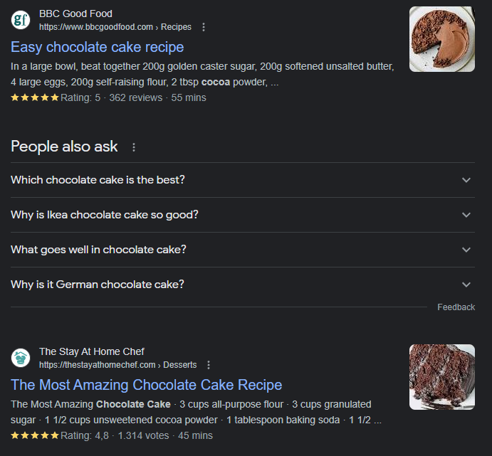 Example of search page features for content.