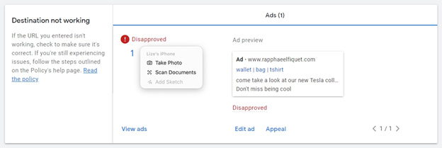 Google Ads destination not working