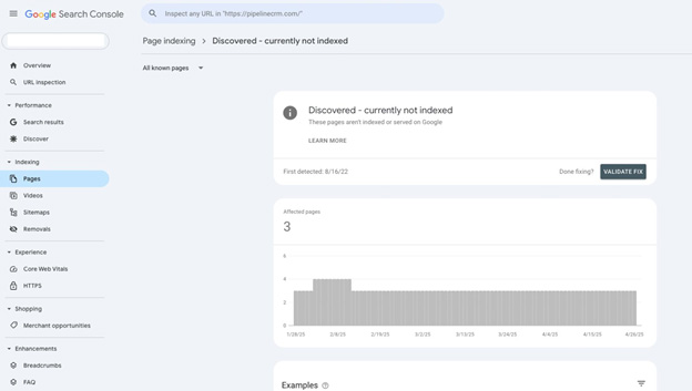 Google Search Console Page Indexing report showing pages in "Discovered – currently not indexed"