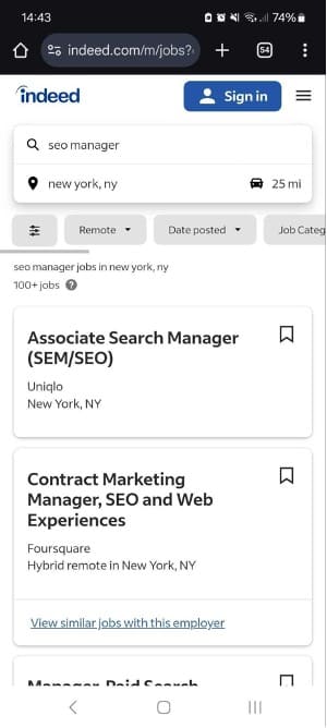 Screenshot of the Indeed jobs search interface on a mobile device, showcasing job listings, filters, and search options.