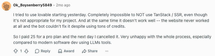 Reddit post on Lovable native SSR