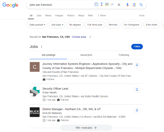 Screenshot of Google for Jobs (GFJ) search results, displaying job listings with details like job titles, companies, and locations.