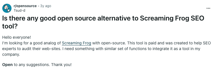 Screaming Frog alternatives reddit thread