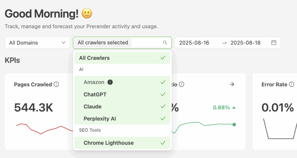 AI crawler tracking on Prerender.io