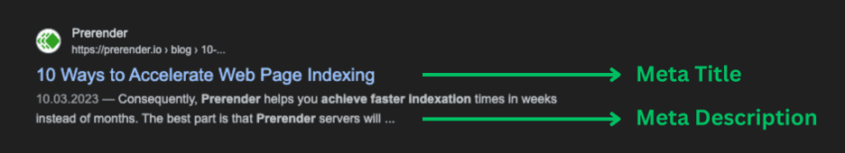 Screenshot of the Prerender's SERPs highlighting the meta title and description.