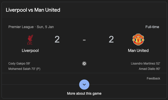 Sport score snippets on Google Search