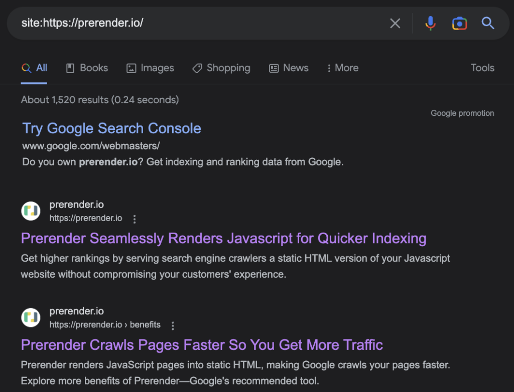 Type a URL to google to see if it's indexed