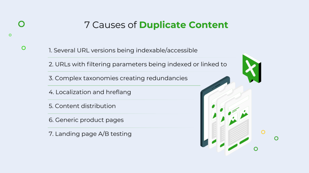 An image with a table showing 7 main causes of duplicate content.