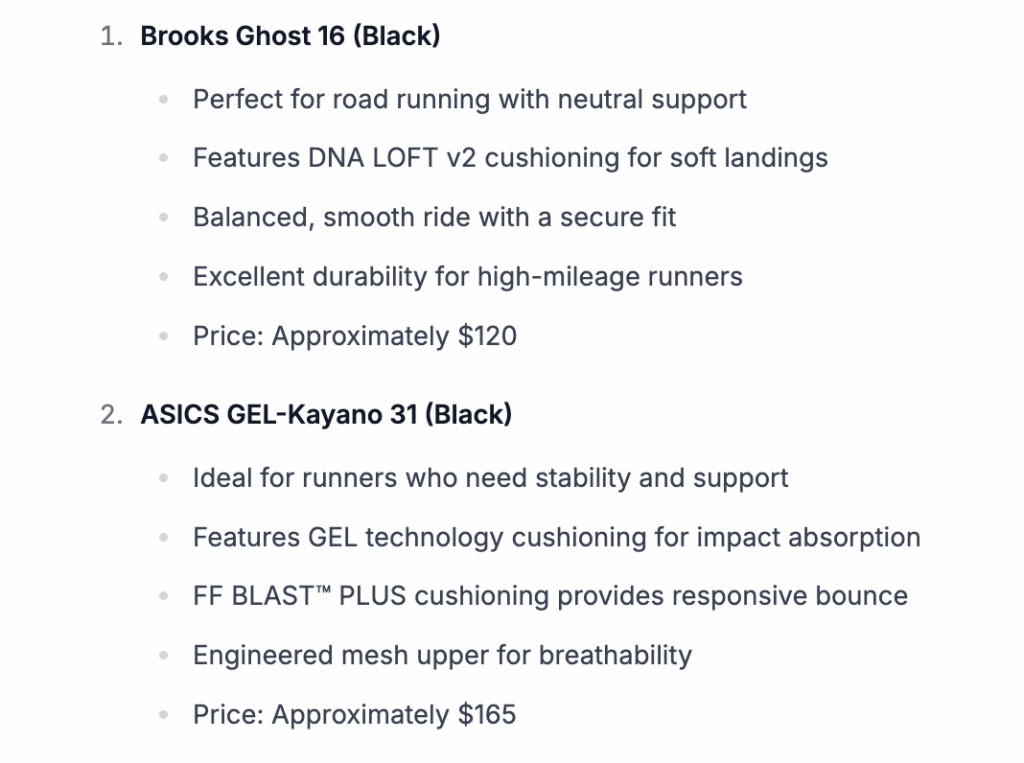 chatgpt online shopping response for black running shoes