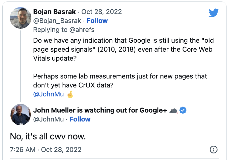 Screenshot of Google discussion confirming Core Web Vitals are used as ranking signals
