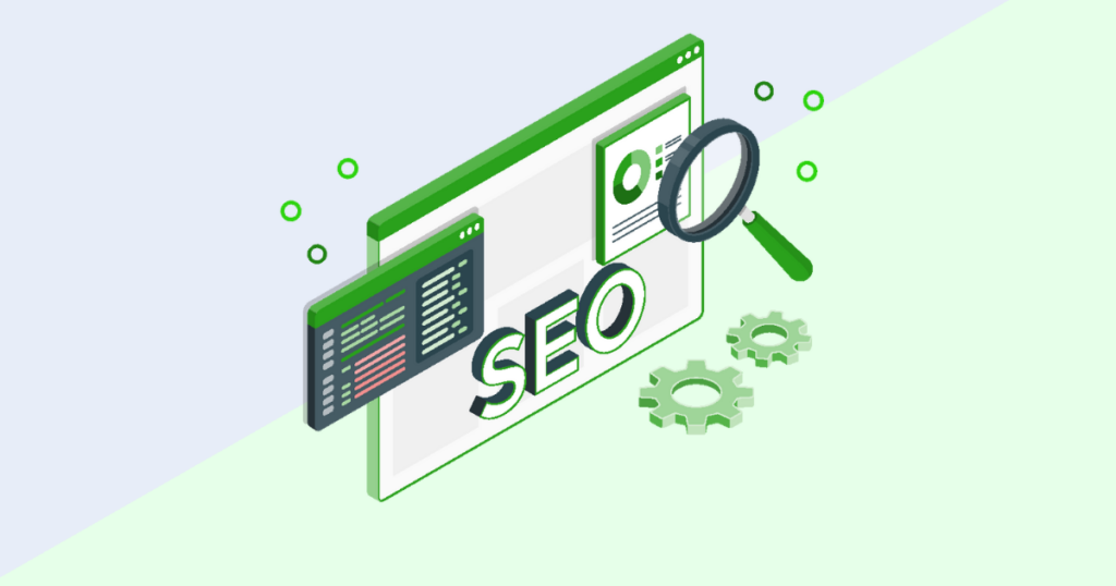 A graphic illustration representing a technical SEO audit with a light green and grey background, a magnifying glass, and a webpage.