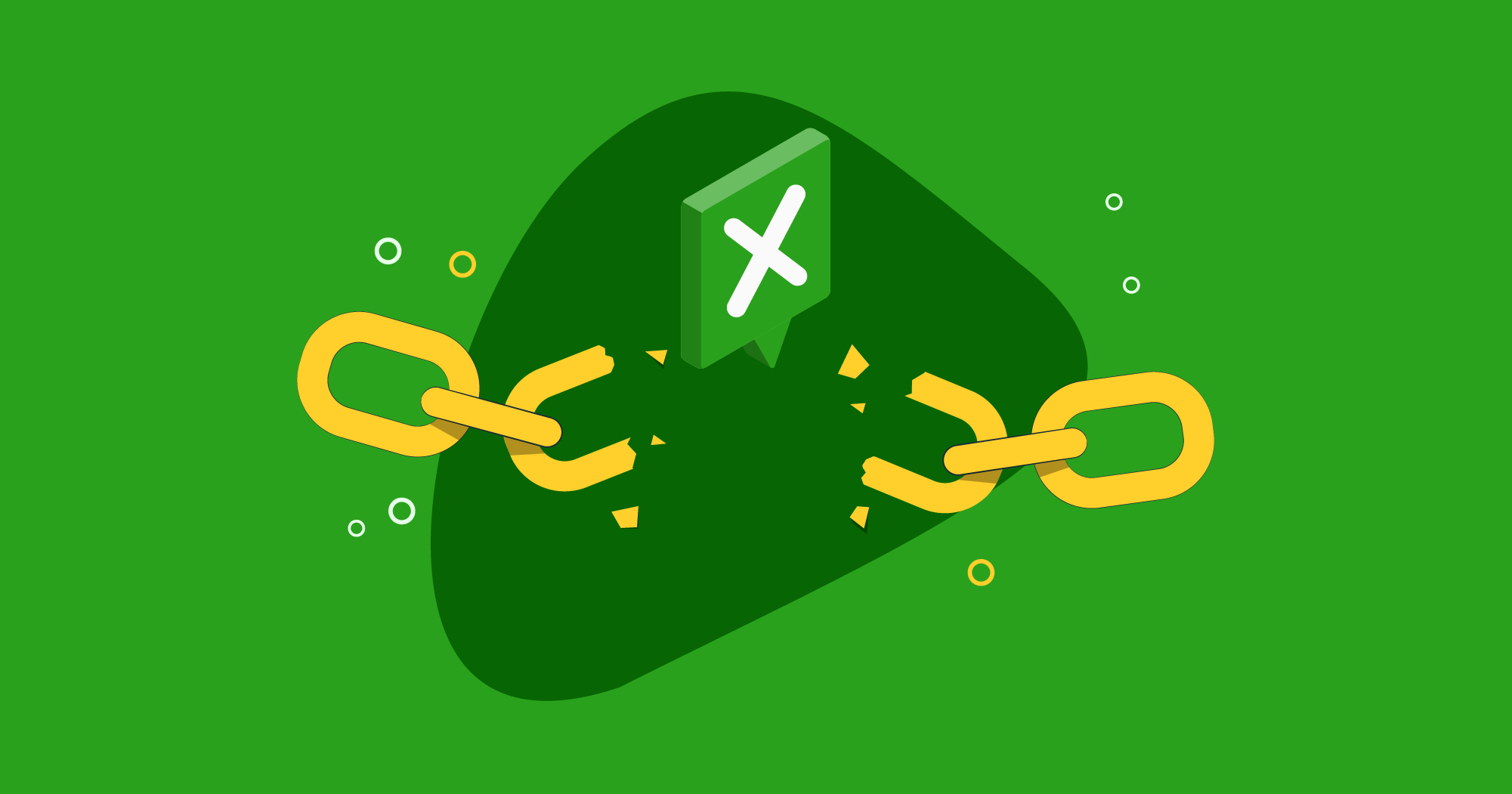 How to fix broken backlinks. An illustration with a green background and a chainlink being 'broken.'