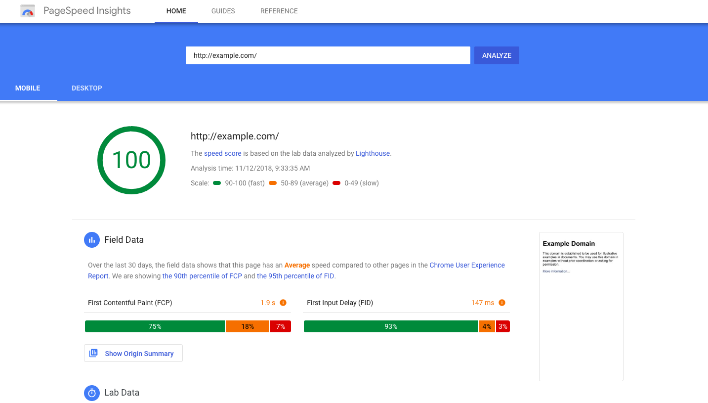 Google PageSpeed dashboard