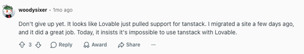 Lovable SSR review on Reddit