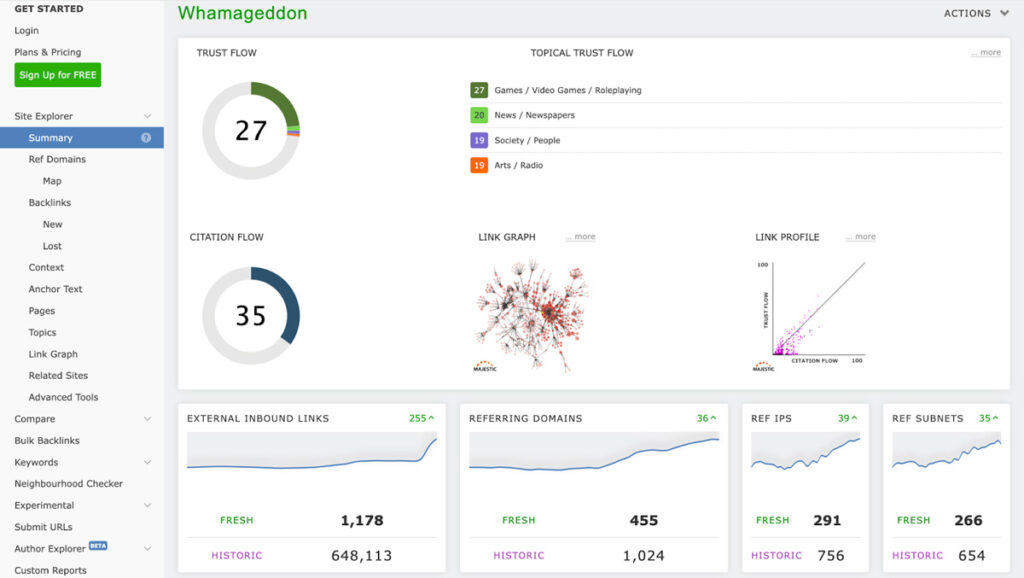 Majestic dashboard - use for backlink analysis