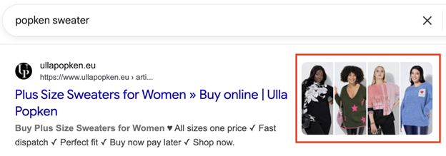 Popken Fashion Group's rich snippet results after integrating with Prerender.io