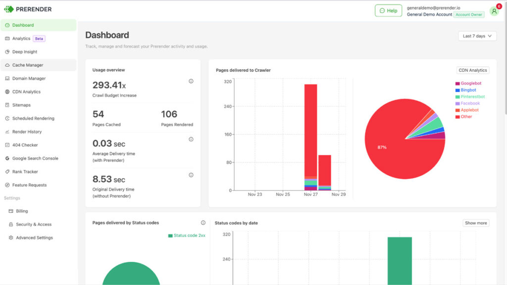 Prerender.io dashboard - use for prerendering and bot accessibility