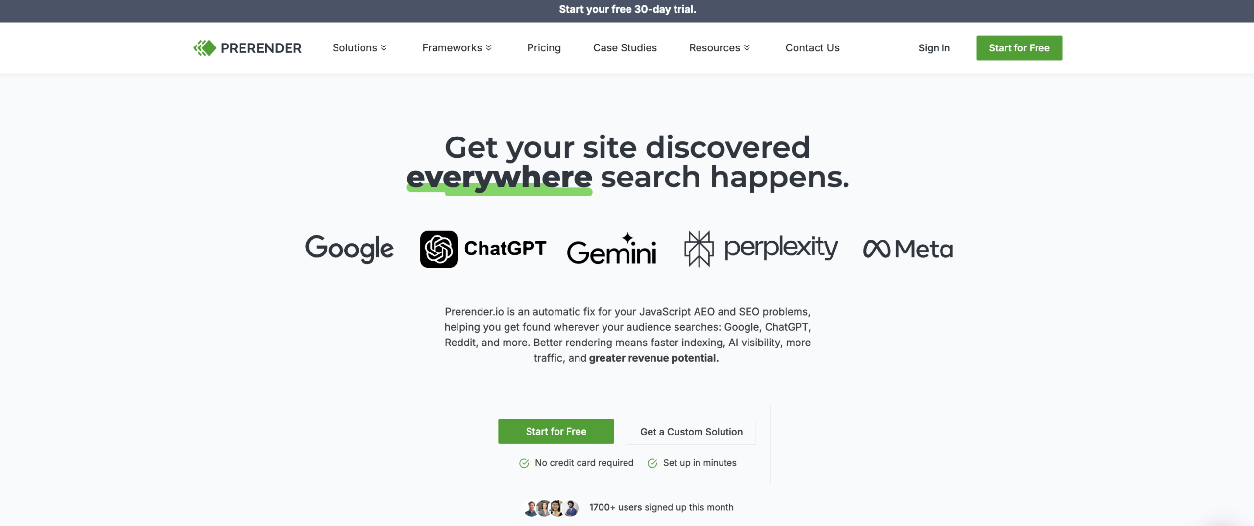 screenshot of the prerender.io homepage
