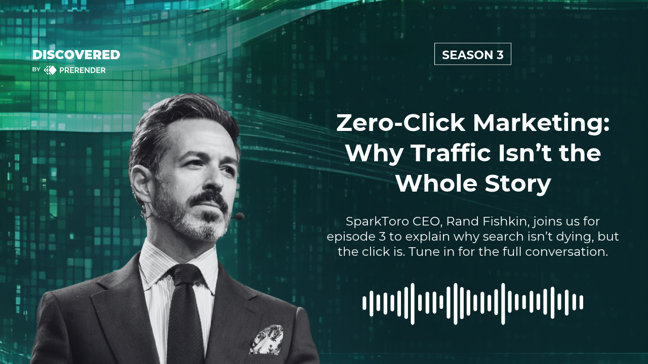 Thumbnail image fro Season 3, Episode 3 of Prerender's get Discovered with guest Rand Fishkin of SparkToro