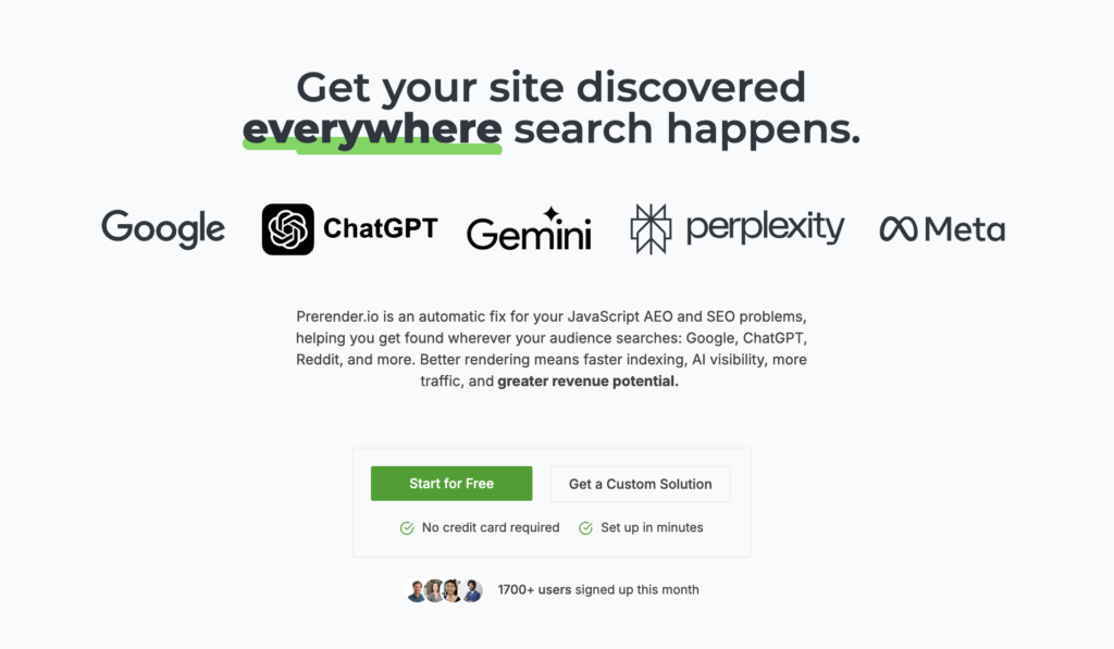 Prerender.io homepage - get your site discovered everywhere search happens