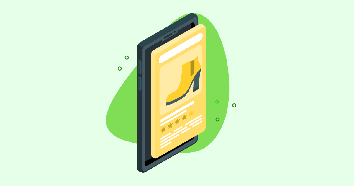 How to optimize product pages for conversions. A graphic illustration with a green background and a yellow product page.