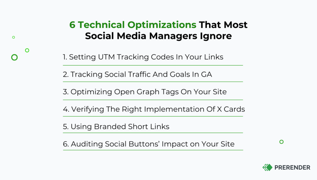 A checklist of technical SEO tips to optimize your social media: setting UTM codes, tracking social traffic, optimizing open graph, verifying twitter cards, using branded short links, auditing social buttons impact.