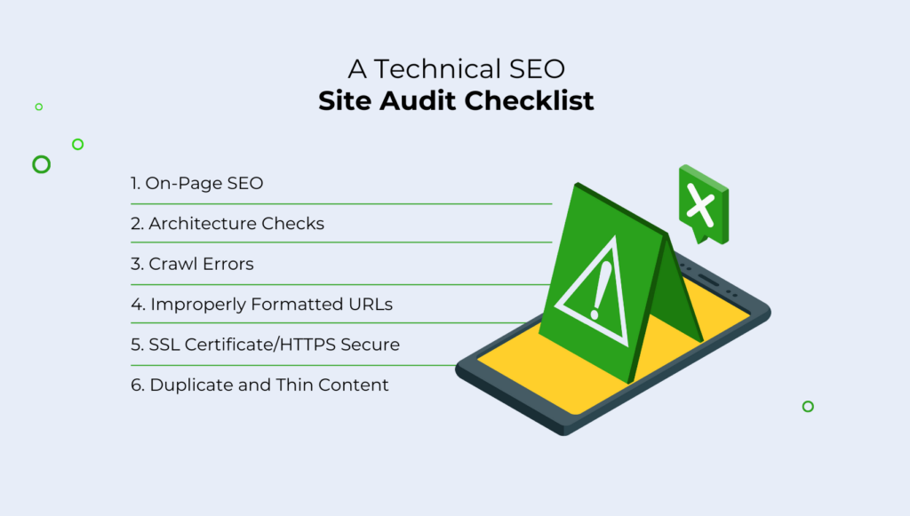 How to conduct a technical SEO site audit: on-page SEO, architecture checks, crawl errors, improperly formatted URLs, SSL certificate, duplicate and thin content.