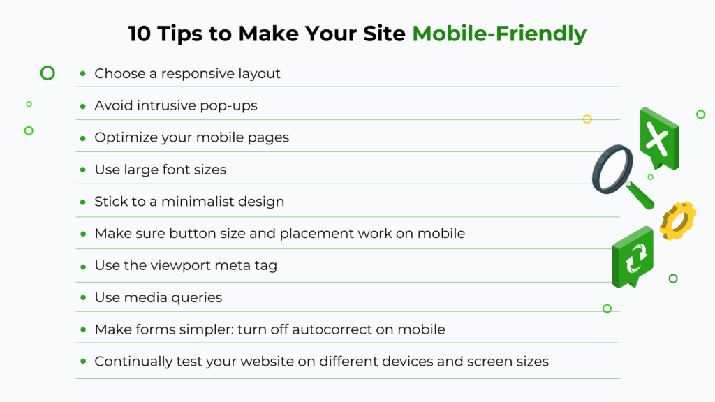 checklist for how to make a website mobile friendly including: avoiding pop-ups, using the viewport meta tag, checking your site across devices, and more.