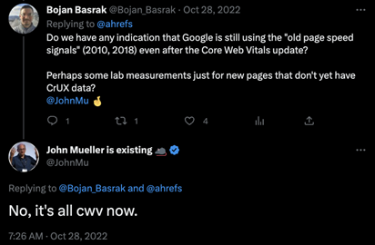 Tweet status about site speed and performance impacting core web vitals