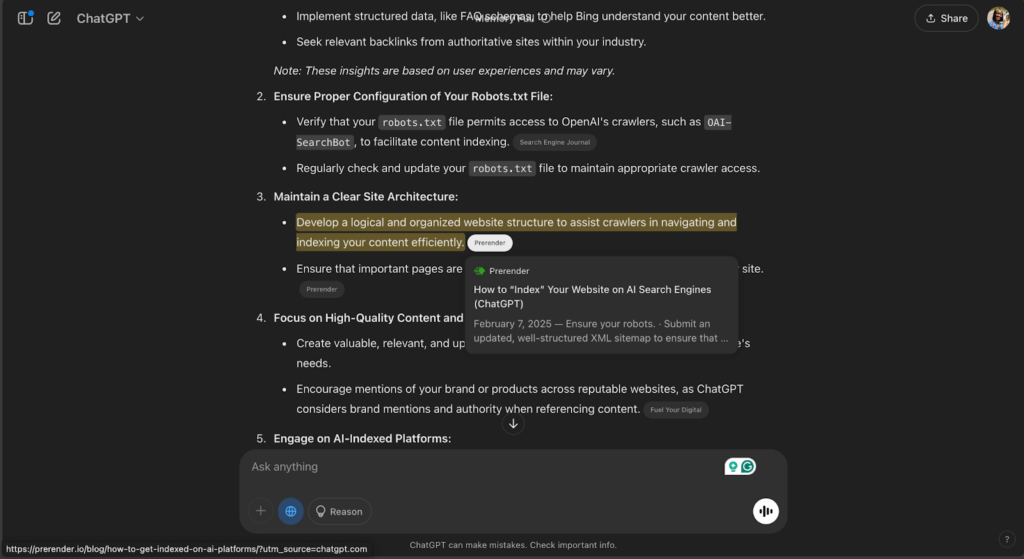 Example of GEO and AIO optimized content get featured on ChatGPT search results.